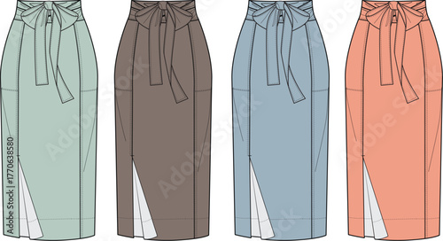 Fashionable high-waisted skirt vector illustration with front tie and side slit, available in multiple color variations