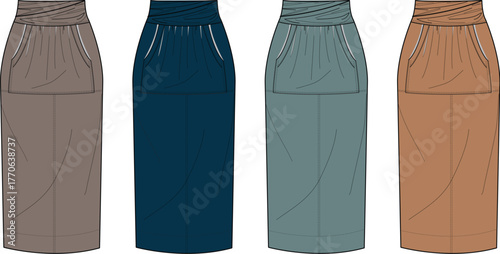 Fashion illustration of various colored long skirts showcasing pocket details and waist designs, ideal for apparel design