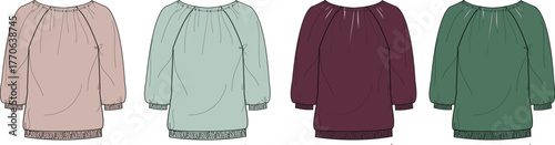 Women's off-the-shoulder long sleeve blouse fashion flat sketch. Vector technical drawing template set in multiple colors for apparel design