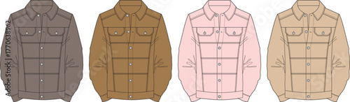 Four color denim jacket illustration designs, showcasing variations, fashion apparel