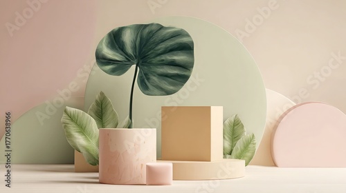 Product display podiums with leaf and geometric shapes