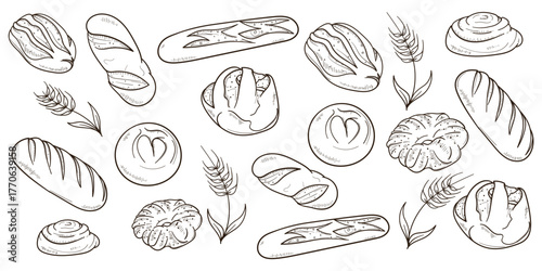 set collection of bread and wheat in hand drawn monochrome design isolated on white background
