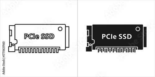 Pcie ssd card icon in outline and solid black, representing solid state drive