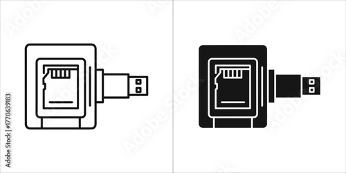 Two icons of a usb card reader, one outline and one solid black