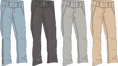 Illustrated collection of four casual pants in diverse colors. Ideal for fashion design, apparel concepts, and textile projects, showcasing modern versatile clothing options