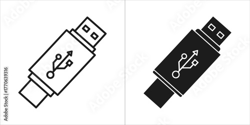 Two icons of a usb flash drive, one outline and one filled