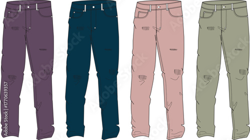 Fashionable collection of four pairs of casually styled distressed denim pants in an array of modern colors, perfect for showcasing contemporary apparel designs and everyday comfortable wear
