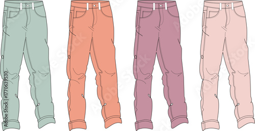 Variety of colorful pants illustrations A visual representation of fashion choices with diverse styles and designs