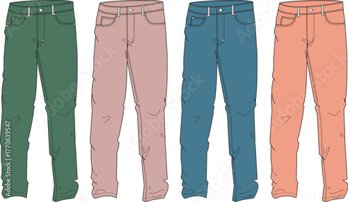 A vibrant collection of four pairs of casual trousers, each rendered in a distinct color—green, pink, blue, and orange—showcasing everyday fashion staples in an illustrative style