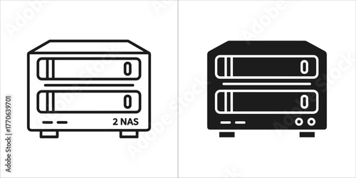 Two icons of a network attached storage device, one outline and one solid black