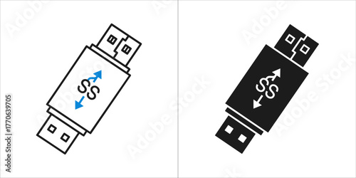 Two icons of a usb superspeed connector, one outline and one solid black