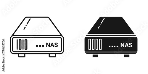 Two icons of a compact network attached storage device, one outline and one solid black