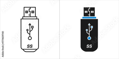 Two usb flash drive icons, one outlined and one solid black with blue accents