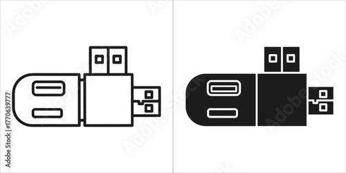 Two icons of a usb flash drive with two ports, one outline and one solid