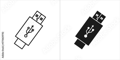 Usb connector icon with symbol in outline and solid style