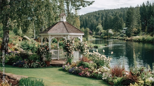 Gazebo floral decoration lake view scenic landscape