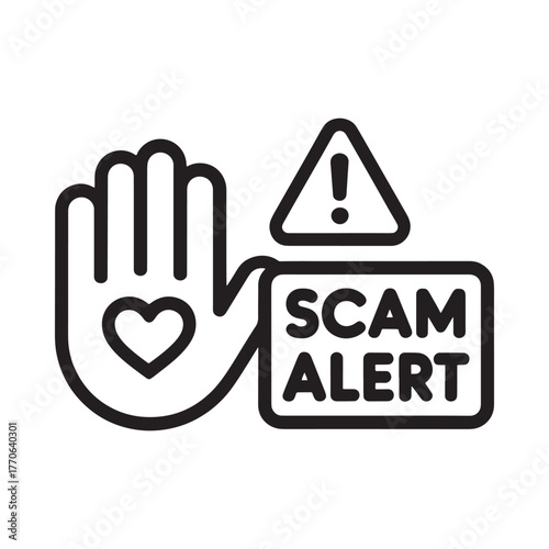 Stop scam alert with hand and heart icon