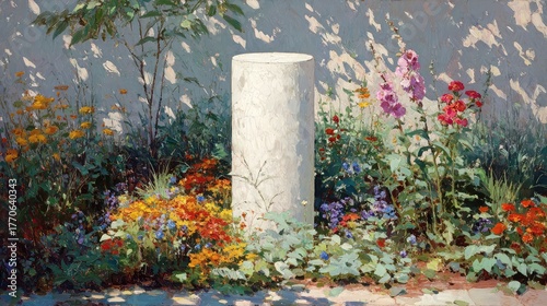Painting of garden with flowers and white stone pillar