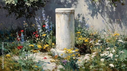 Painting of garden with flowers and white stone pillar