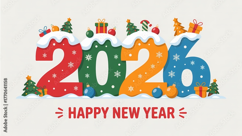 Fototapeta premium Festive 2026 numbers decorated with snow gifts and christmas trees for new year celebration