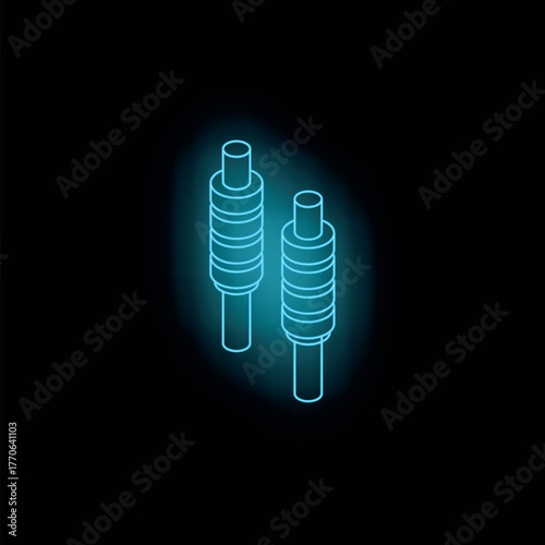 Neon blue shock absorber glowing on dark background, representing automotive parts and suspension systems
