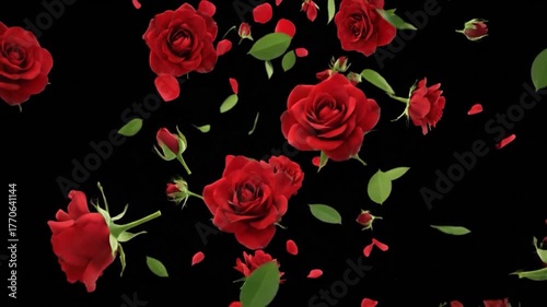 Floating red roses, buds, petals, and green leaves on a black background, artistic display