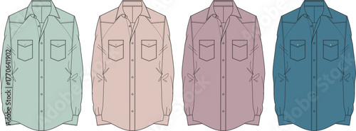 Stylish collection of long-sleeved Western shirts in a vibrant palette of pastel colors, featuring classic cowboy shirt design with pointed pockets and cuffs