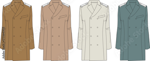 A collection of classic double-breasted military-style overcoats in four different colors. Vector illustration concept of formal menswear and uniform design