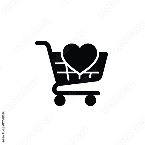 Shopping cart with heart minimal vector silhouette black design isolated
