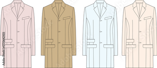 Set of men's single-breasted coats in pastel colors. Fashion design concept template for apparel and menswear collection vector illustration
