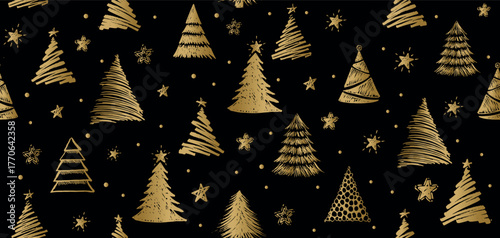 Christmas gold tree pattern on black hand drawn illustrations.