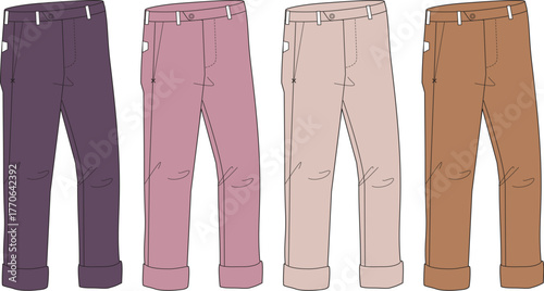 A versatile collection of four modern casual trousers, featuring rolled cuffs and available in a spectrum of stylish colors, ideal for fashion illustrations and apparel design concepts