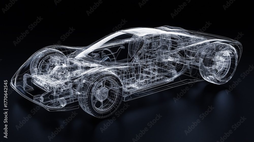 Naklejka premium Detailed rendering of a transparent sports car showcasing internal components and engineering design