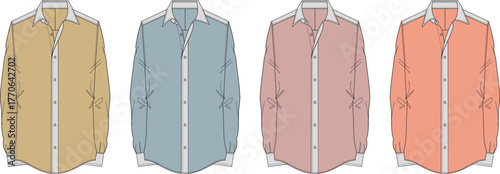 A collection of four classic men's dress shirts in various pastel colors, presented side-by-side on a white background