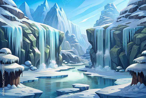 Massive frozen waterfall surrounded by icy cliffs creating majestic winter view