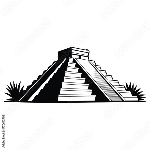 Stylized illustration of a mayan pyramid with surrounding foliage