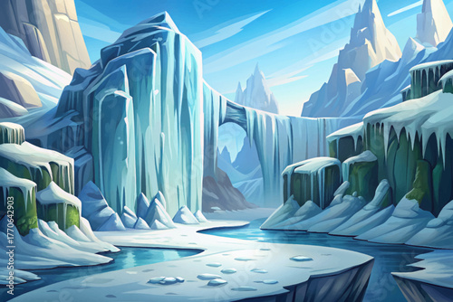 Massive frozen waterfall surrounded by icy cliffs creating majestic winter view