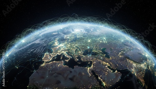 Global network connectivity visualized over earth from space at night.