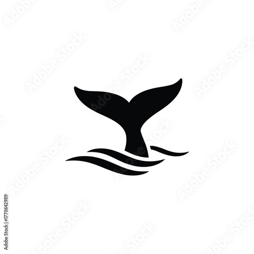 Whale tail above ocean waves minimal vector silhouette black design isolated