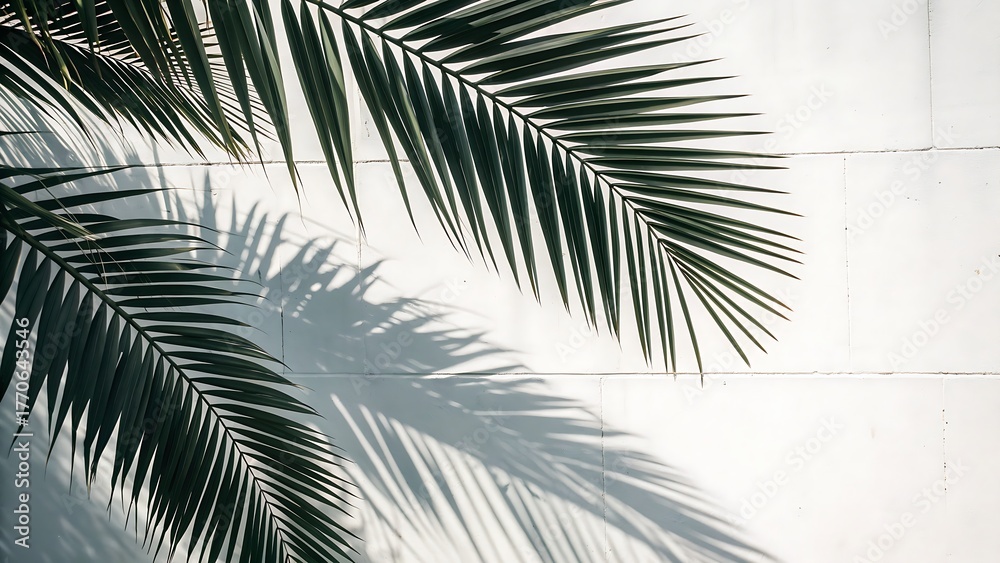 Obraz premium Silhouette of palm tree leaves against a white wall background with copy space,palm, tree, leaf, tropical, leaves, green, nature, summer, plant, exotic, isolated, palm tree, branch, white, paradise, b