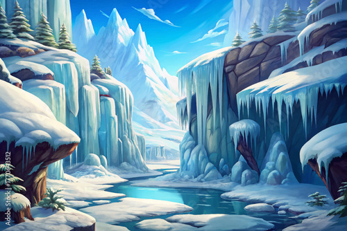 Massive frozen waterfall surrounded by icy cliffs creating majestic winter view