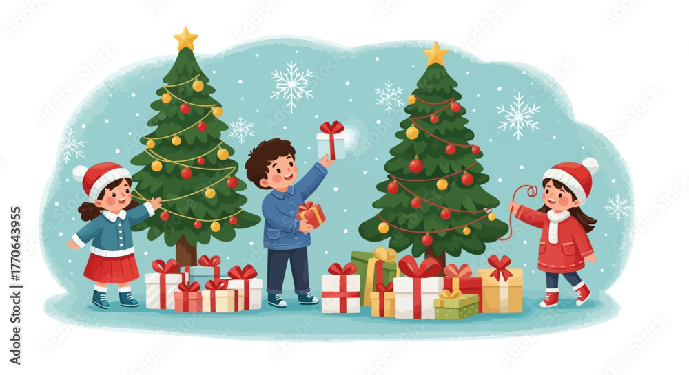 Naklejka premium Kids decorating a Christmas illustratio