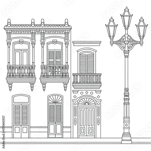 Architectural sketch of historic building facade with ornate balconies and lamppost