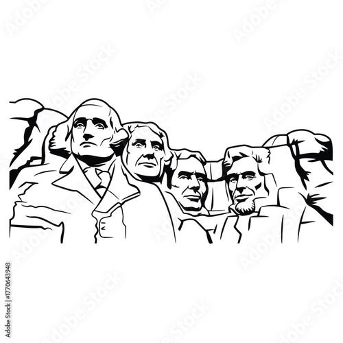 Black and white line drawing of mount rushmore presidents