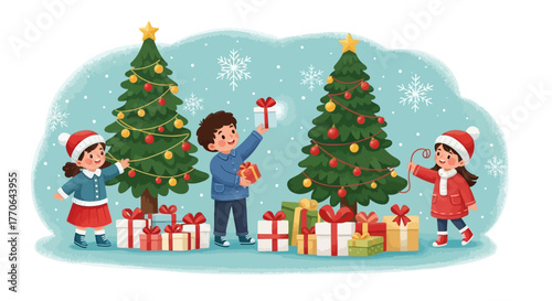 Kids decorating a Christmas  illustratio