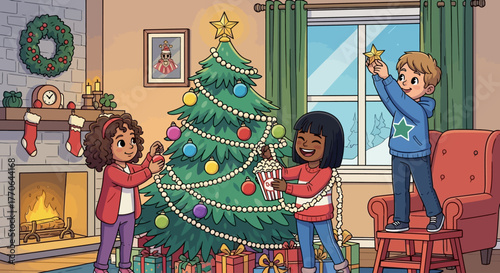 Kids decorating a Christmas tree together, joyful holiday scene, cartoon vector illustration