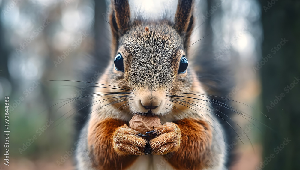 Obraz premium A close-up of a curious squirrel holding a nut in its paws amidst a forest backdrop.