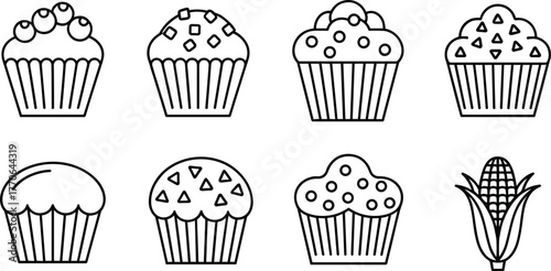Black and white cupcake vector illustration set with decorative toppings, minimalist line art bakery desserts, sweet food icons, corn element