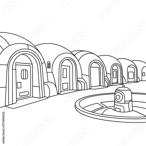 Futuristic dome village with central circular structure and pathways