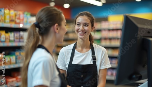Friendly female worker smiles at customer at supermarket checkout counter. Bright interior displays snacks, LED screen behind. Wears white t-shirt, black apron uniform providing excellent retail